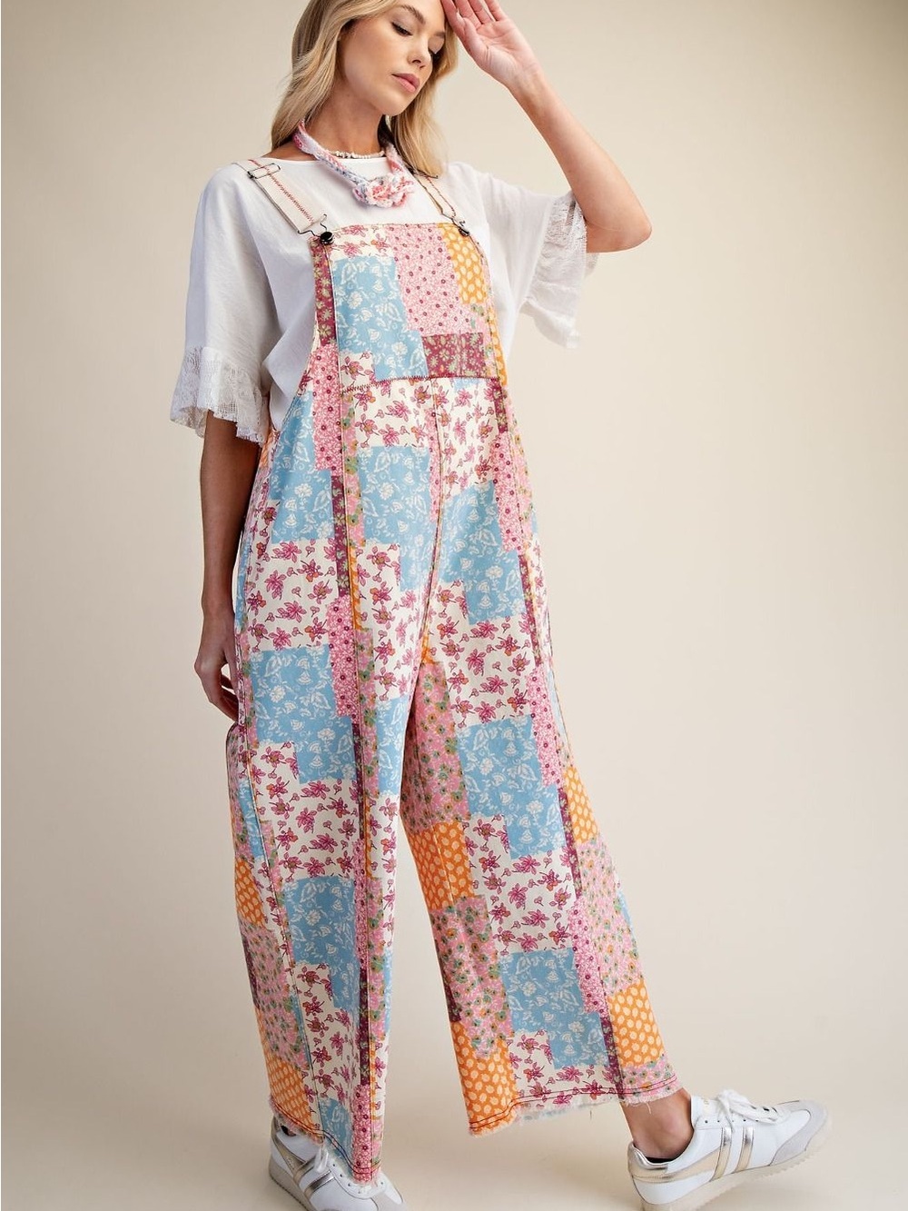 NEW EASEL PATCHWORK PRINT WASHED OVERALLS SIZE M BOHO